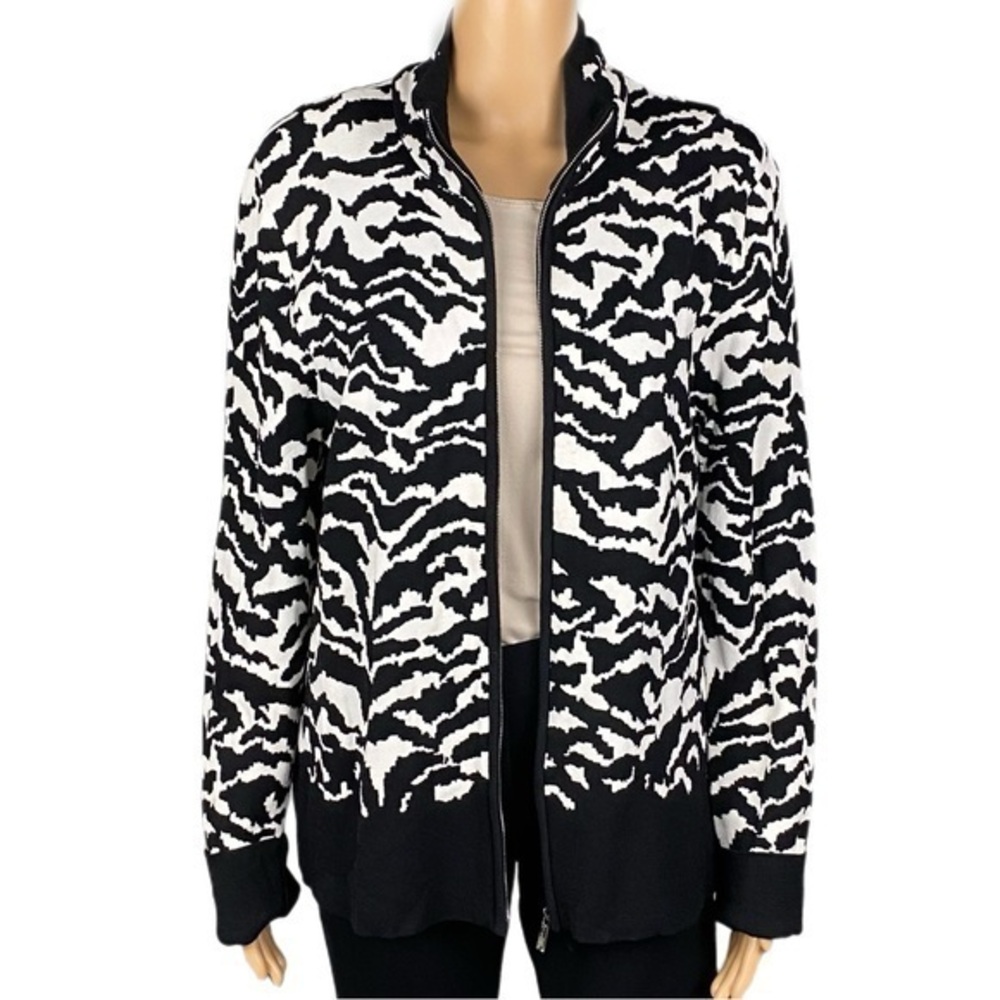 JONES NEW YORK Black and White abstract zebra zipper sweater jacket. Large. EUC